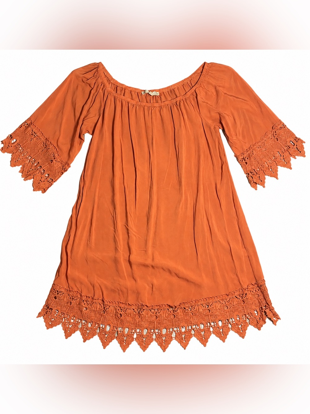 Iris Women’s XL Burnt Orange Off Shoulder Peasant Dress with Crochet Lace Fairy